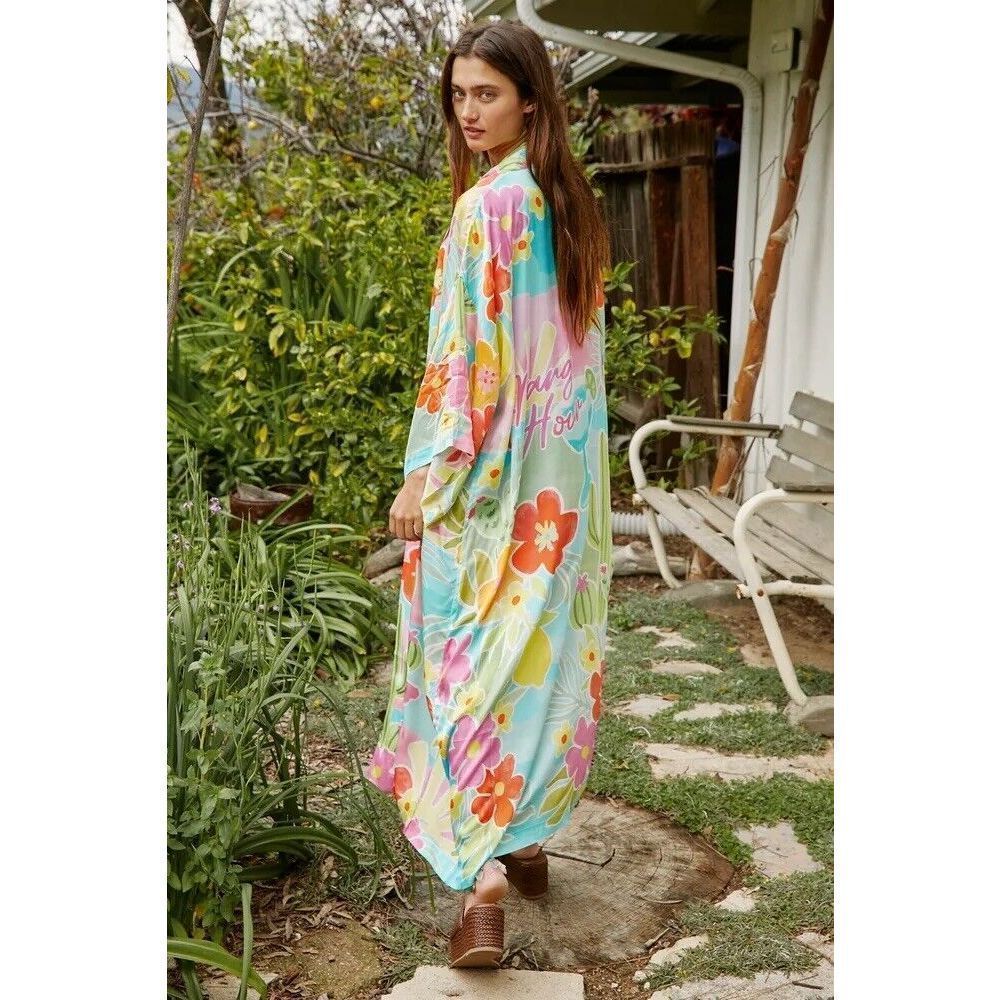 Spell Floral Pastel Silk Kimono Robe in Aqua, Pink & Yellow - Picture 3 of 10
